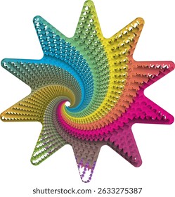 An eight-pointed star filled with a spiral pattern consisting of small stars. This spiral pattern has a rainbow color gradation from the center outward