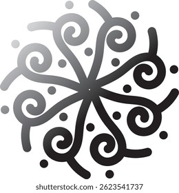 Eight-pointed star icon with swirling, organic lines and dots. Stylized and  decorative element in grayscale. Mandala Vector illustration. Luxurious. 