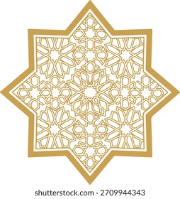 Una estrella de ocho puntas con un intrincado patrón geométrico en el interior, en un color dorado.