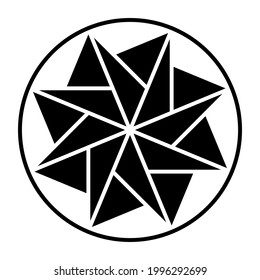 Eight-pointed star made of triangles, within a circle frame. Pattern, formed by symmetric arranged triangles. Mandala and symbol, modeled on a crop circle, found 2021 in England. Illustration. Vector.