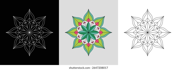Mandala de estrela de oito pontas com acentos pétalas e chevron, cores vibrantes para decoração em negrito.