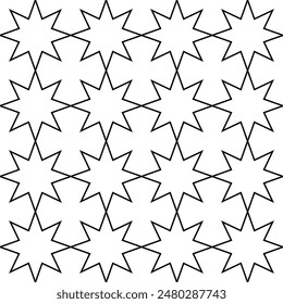 Eight-pointed stars, contour drawing isolated on a white background. Geometric seamless pattern. Grid, template for design. Background for paper, cover, textile, dishes, interior decor.