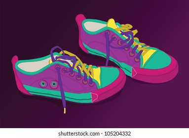 Eight's years Tenis. New age vivid colours shoes. Totally editable. Gradients only the background and shadows floor.