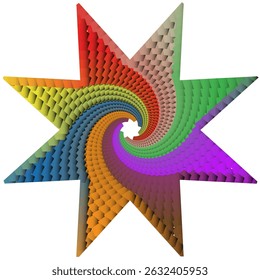 Uma estrela de oito lados com um padrão espiral geométrico em cor de arco-íris formando um vórtice dinâmico e harmonioso