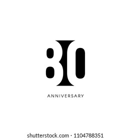 Eighty anniversary, minimalistic logo. Eightieth years, 80th jubilee, greeting card. Birthday invitation. 80 year sign. Black negative space vector illustration on white background