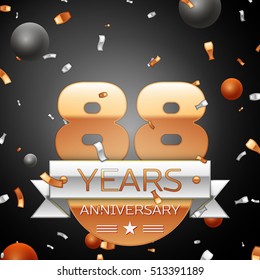 Eighty eight years anniversary celebration background with silver ribbon confetti and circles. Anniversary ribbon. Vector illustration.