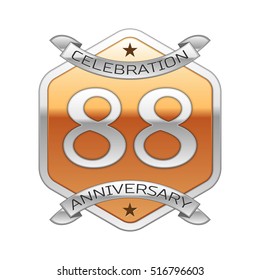 Eighty eight years anniversary celebration silver logo with silver ribbon and golden hexagonal ornament on white background.