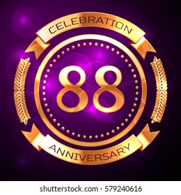 Eighty eight years anniversary celebration with golden ring and ribbon on purple background.