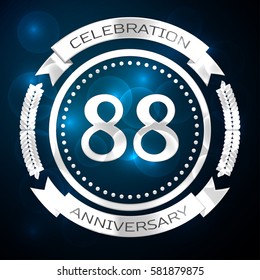 Eighty eight years anniversary celebration with silver ring and ribbon on blue background. Vector illustration