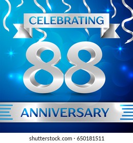 Eighty eight Years Anniversary Celebration Design. Confetti and silver ribbon on blue background. Colorful Vector template elements for your birthday party. Anniversary ribbon