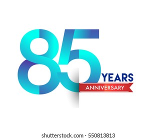 eighty five years anniversary celebration logotype blue colored with red ribbon. 85th birthday logo on white background
