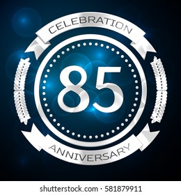 Eighty five years anniversary celebration with silver ring and ribbon on blue background. Vector illustration