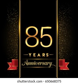 eighty five years anniversary celebration logotype. 85th anniversary logo with confetti golden colored and red ribbon isolated on black background, vector design for greeting card and invitation card