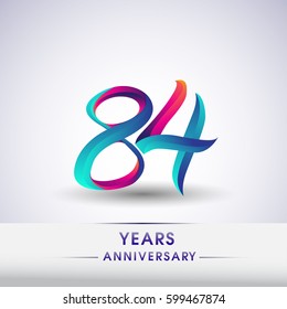 eighty four years anniversary celebration logotype blue and red colored, 84th birthday logo on white background