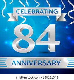 Eighty four Years Anniversary Celebration Design. Confetti and silver ribbon on blue background. Colorful Vector template elements for your birthday party. Anniversary ribbon