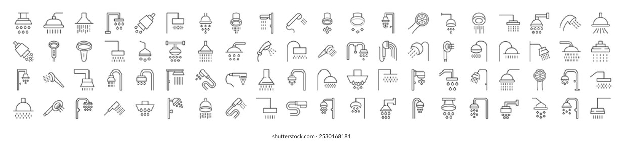 Achtzig minimalistische Symbole der Dusche für Websites. Illustrationen für Websites, Apps, Design, Banner und andere Zwecke