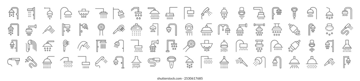 Eighty Minimalistic Outline Signs of Shower. Illustration for web sites, apps, design, banners and other purposes