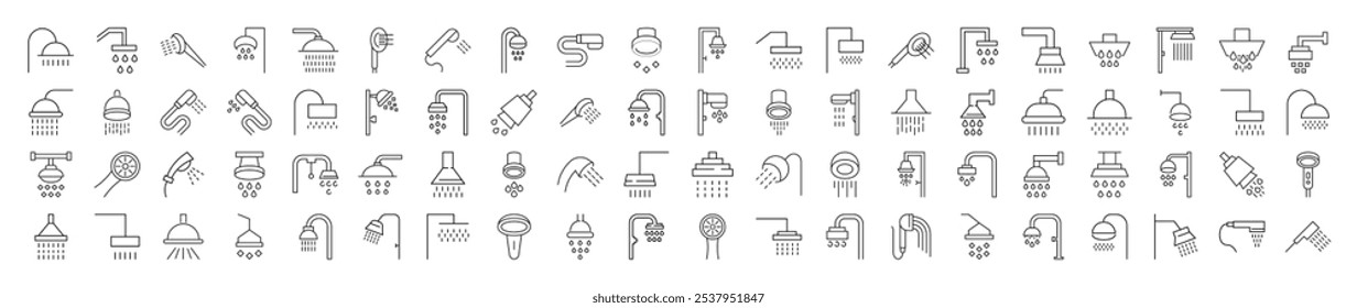 Eighty Minimalistic Outline Symbols of Shower. Illustration for web sites, apps, design, banners and other purposes