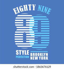 EIGHTY NINE, NUMBER DESIGN, WITH THE THEME OF THE LINE, BLUE AND WHITE PRINT, T SHIRT GRAPHICS.