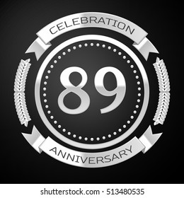 Eighty nine years anniversary celebration with silver ring and ribbon on black background. Vector illustration