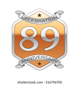 Eighty nine years anniversary celebration silver logo with silver ribbon and golden hexagonal ornament on white background.