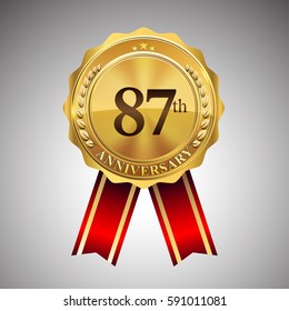 eighty seven years anniversary logotype, with golden badge and red ribbon, vector elements for birthday celebration