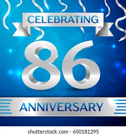 Eighty six Years Anniversary Celebration Design. Confetti and silver ribbon on blue background. Colorful Vector template elements for your birthday party. Anniversary ribbon