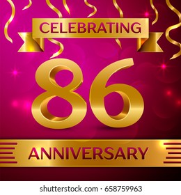 Eighty six Years Anniversary Celebration Design. Confetti and golden ribbon on pink background. Colorful Vector template elements for your birthday party. Anniversary ribbon
