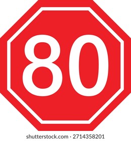 Oitenta ícone de limite de velocidade, símbolo de trânsito octógono vermelho para segurança rodoviária, regulamentação de veículos, controle de transporte e restrição de rodovias