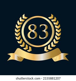 Eighty Three, 83 Years Anniversary Celebration Gold and Black Template. Luxury Style Gold Heraldic Crest Logo Element Vintage Laurel Vector
