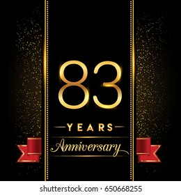 eighty three years anniversary celebration logotype. 83rd anniversary logo with confetti golden colored and red ribbon isolated on black background, vector design for greeting card and invitation card