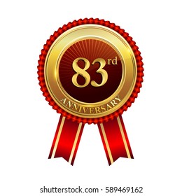 eighty three years birthday celebration logotype. 83rd years anniversary golden badge with red ribbons isolated on white background, vector design for greeting card, banner and invitation card.