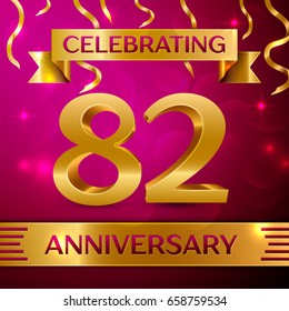 Eighty two Years Anniversary Celebration Design. Confetti and golden ribbon on pink background. Colorful Vector template elements for your birthday party. Anniversary ribbon