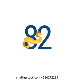 Eighty Two Years Anniversary with Yellow Ribbon. 82nd Logo Celebration Isolated on White Background
