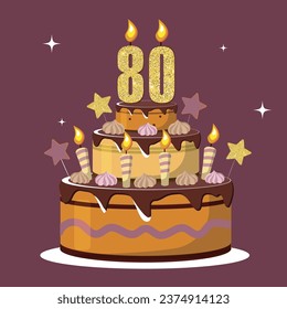 Eighty year anniversary. Vector birthday cake. Holiday cake with candle.  Big chocolate cake. Eighty year old. Eighty party.