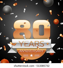 Eighty years anniversary celebration background with silver ribbon confetti and circles. Anniversary ribbon. Vector illustration.