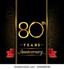 eighty years anniversary celebration logotype. 80th anniversary logo with confetti golden colored and red ribbon isolated on black background, vector design for greeting card and invitation card