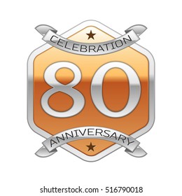 Eighty years anniversary celebration silver logo with silver ribbon and golden hexagonal ornament on white background.