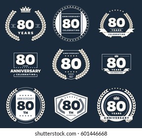 Eighty years anniversary logotypes and badges. 80th anniversary logo collection.