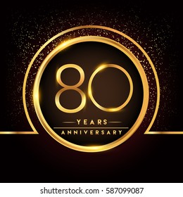 eighty years birthday celebration logotype. 80th anniversary logo with confetti and golden ring isolated on black background, vector design for greeting card and invitation card.