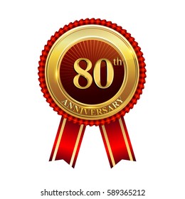 eighty years birthday celebration logotype. 80th years anniversary golden badge with red ribbons isolated on white background, vector design for greeting card, banner and invitation card.