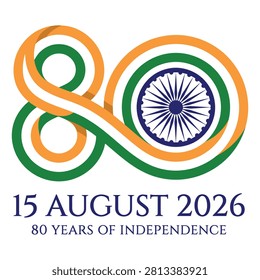 Eighty years of indian independence celebration vector graphic design featuring a tricolor ribbon number eighty and the central ashoka chakra
