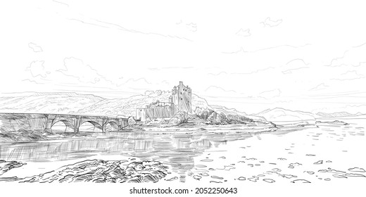 Eilen Donan Castle. Scotland. Hand drawn city sketch. Vector illustration.