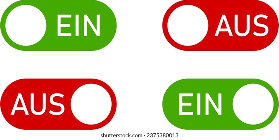 Ein Aus (Ein Aus für Deutsch) Switch Button Slider Toggle Green und Red Icon Set. Vektorbild.