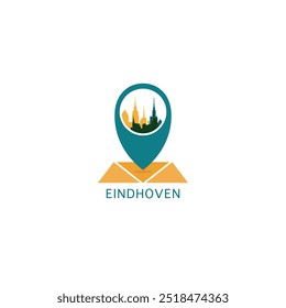 Mapa de la ciudad de Eindhoven Pin Point geolocalización moderno skyline Vector logo icono aislado ilustración. Emblema de puntero de los Países Bajos con Lugares famosos y siluetas de construcción