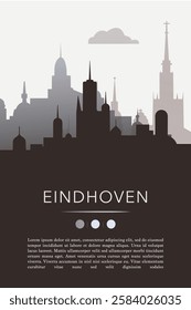 Eindhoven city template for website, presentation, front page, invitation, publication sheet with skyline, landmarks. Vector Netherlands image layout, simple and grayscale