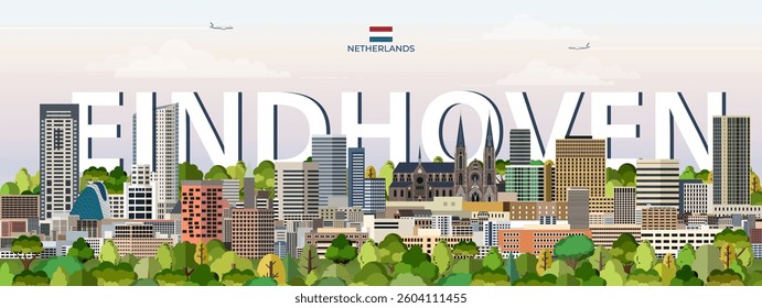 Eindhoven cityscape colorful vector illustration with big city name on the background. Travel trendy poster