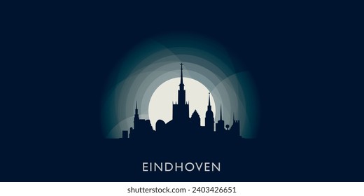 Eindhoven cityscape skyline city panorama vector flat modern banner illustration. Netherlands, Holland region town emblem idea with landmarks and building silhouettes at sunrise sunset night