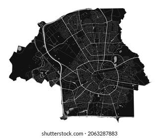 Eindhoven map. Detailed vector map of Eindhoven city administrative area. Cityscape poster metropolitan aria view. Black land with white streets, roads and avenues. White background.