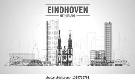 Eindhoven the Netherlands line skyline with panorama at white background. Vector Illustration. Business travel and tourism concept with modern buildings. Image for banner or web site.